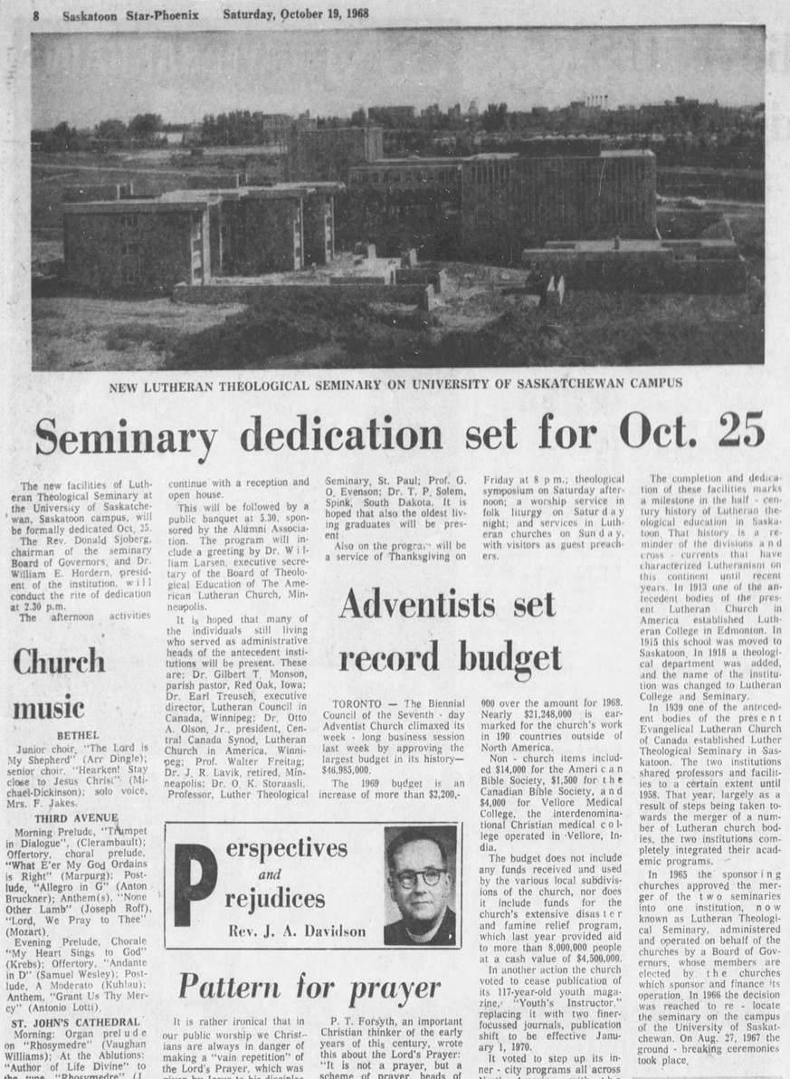 1968 Star Phoenix Lutheran Theological Seminary University 114 Seminary construction 12 dedication photo Oct 19 p8